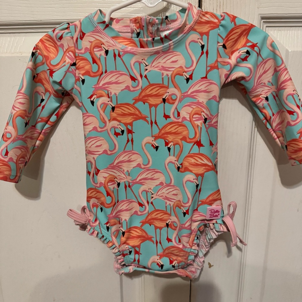 RuffleButts Pink Flamingo Rashguard 1 Pc Swim suit Girls Sz 6-12m Bottom Snap